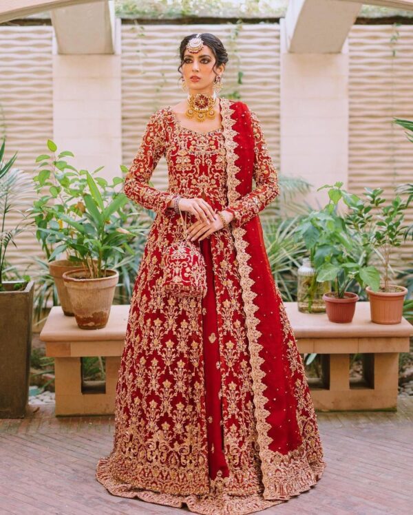 designer red bridal split anarkali with leehnga