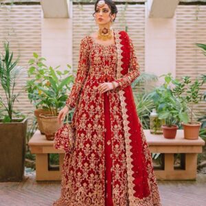 Red bridal split anarkali with lehenga