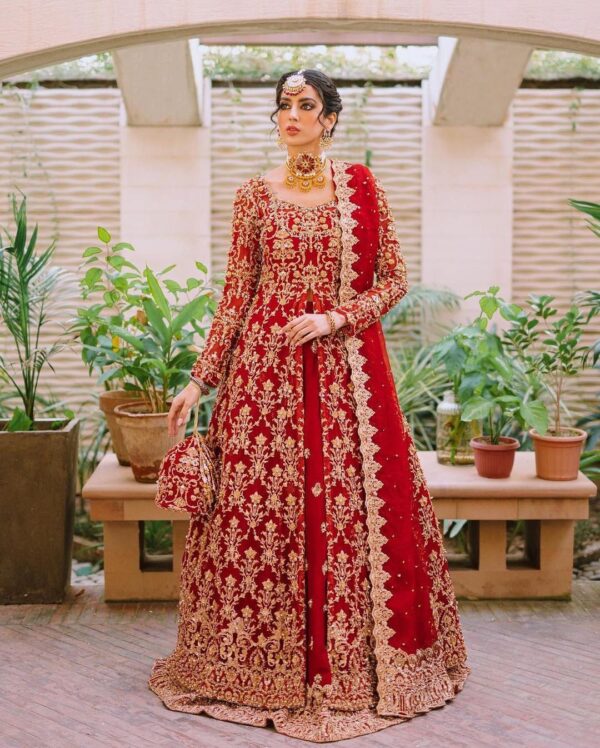 Red bridal split anarkali with lehenga