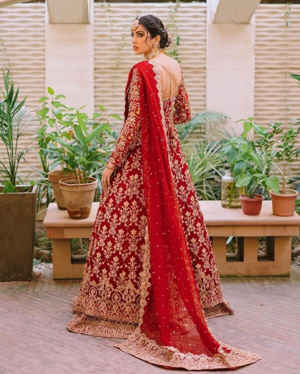 red bridal split anarkali with lehenga