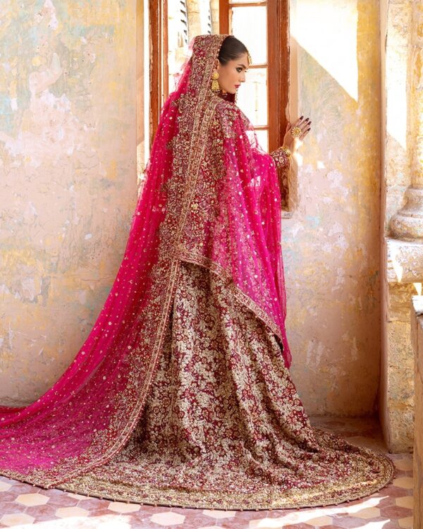 Pink designer bridal lehenga with long trail anarkali