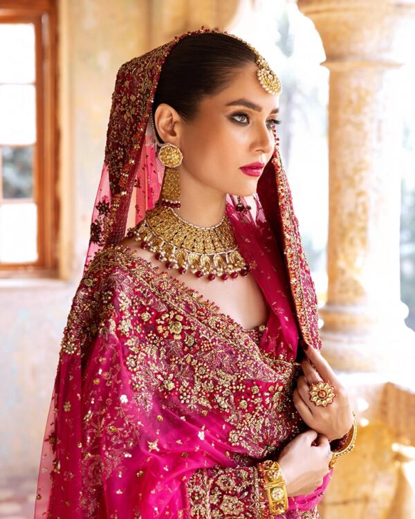 Pink designer wedding long trail anarkali with lehenga