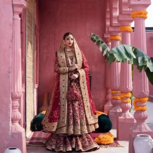 red anarkali with lehenga with embroidery