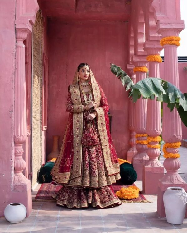 red anarkali with lehenga with embroidery