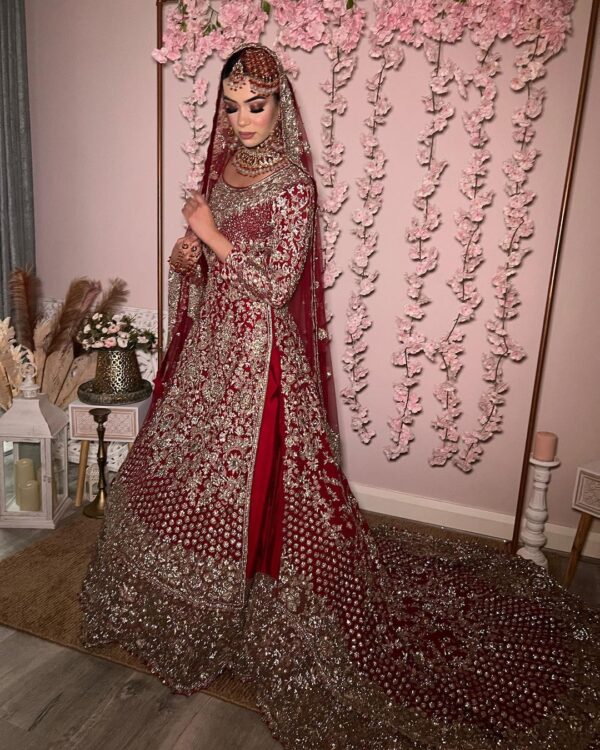 Red designer Pakistani bridal lehenga with kurti