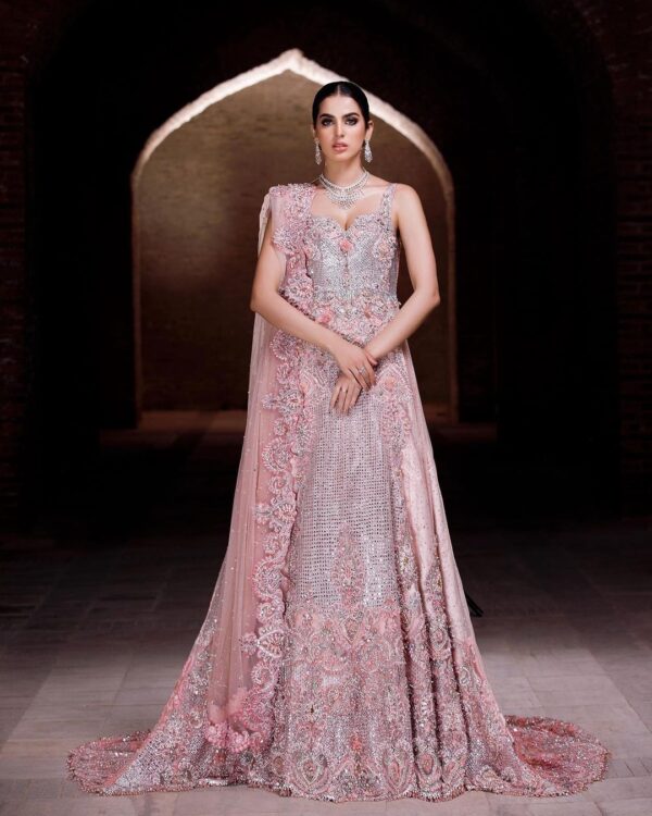 designer wedding long trail gown with handwork