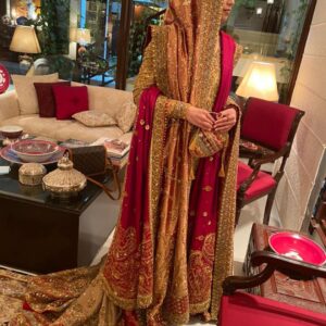 Golden wedding long trail lehenga with kurti