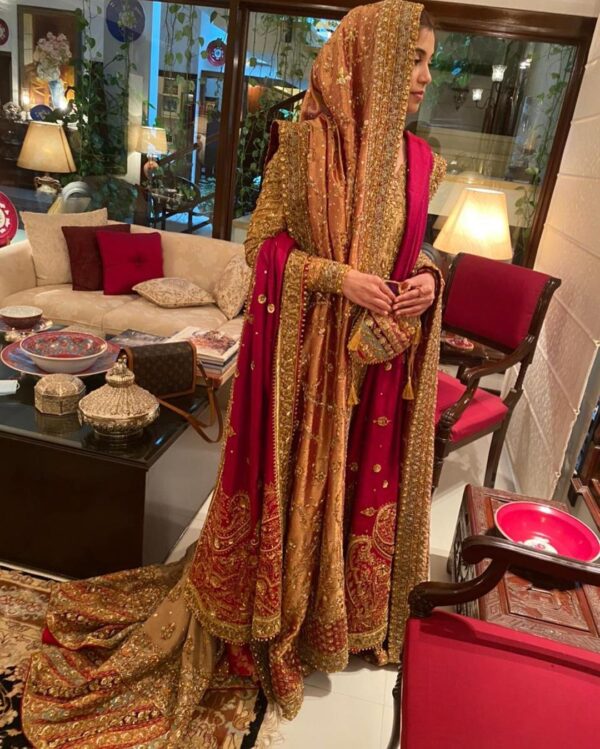 Golden wedding long trail lehenga with kurti