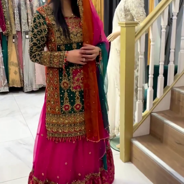 designer pink skirt with green kurti