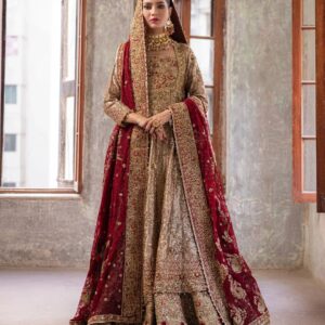 wedding golden anarkali with lehenga