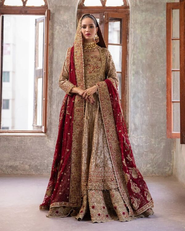 wedding golden anarkali with lehenga