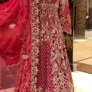 wedding red anarkali with golden lehenga and embroidery