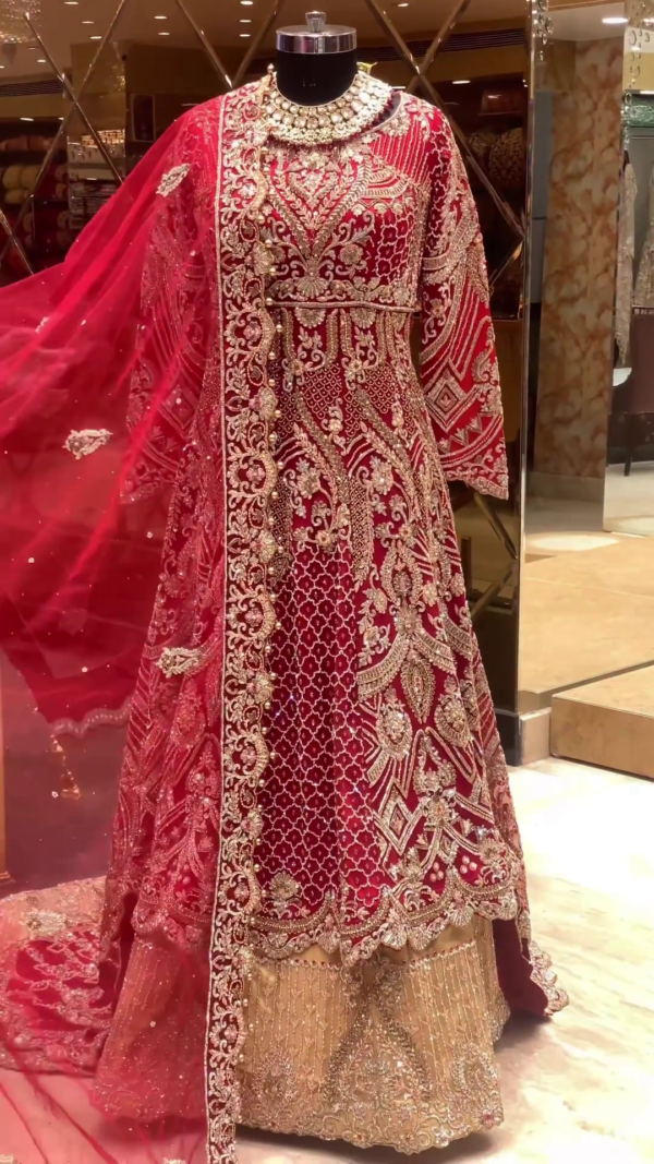 wedding red anarkali with golden lehenga and embroidery