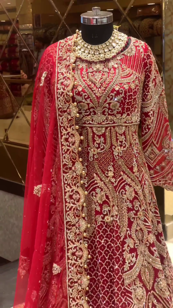 red designer wedding long trail anarkali with lehenga