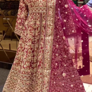 red and golden bridal anarkali with lehenga