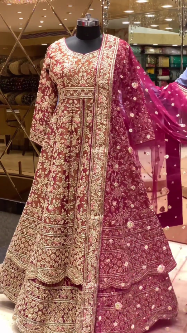 red and golden bridal anarkali with lehenga