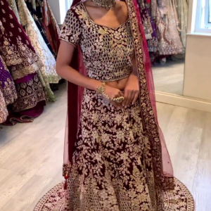 maroon bridal long trial lehenga with crop top