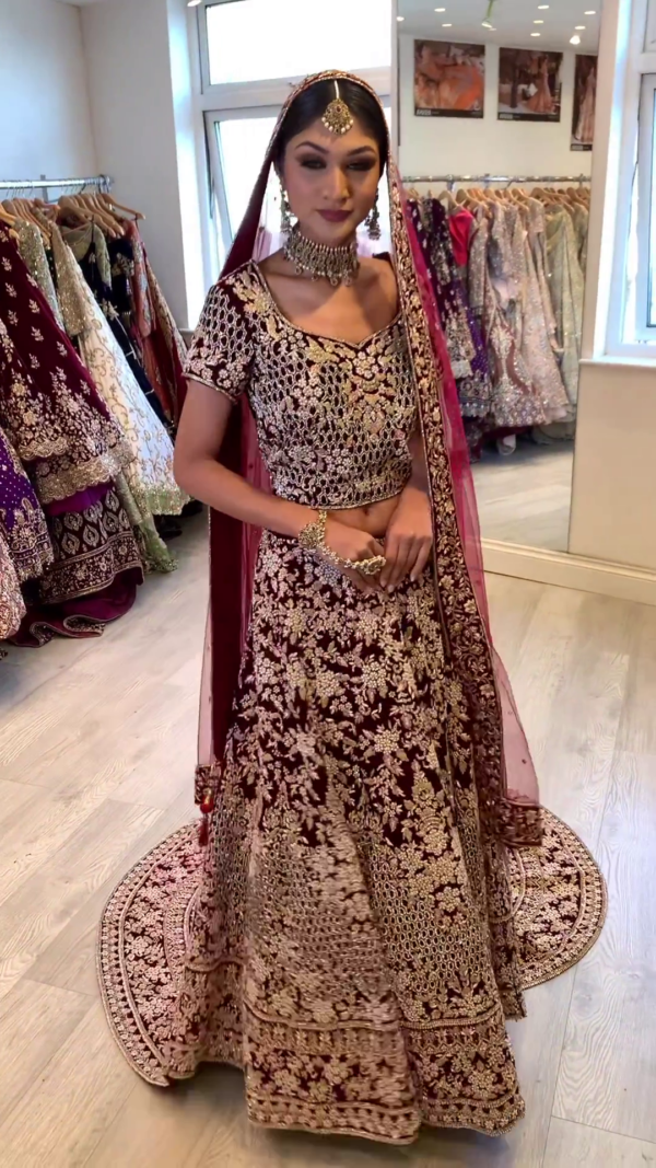 maroon bridal long trial lehenga with crop top