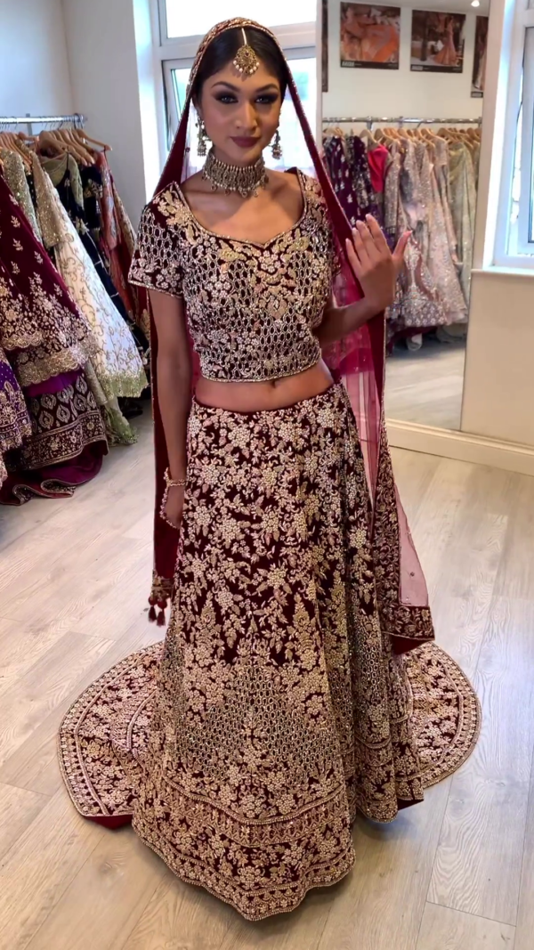 designer maroon bridal lehenga choli with embroidery