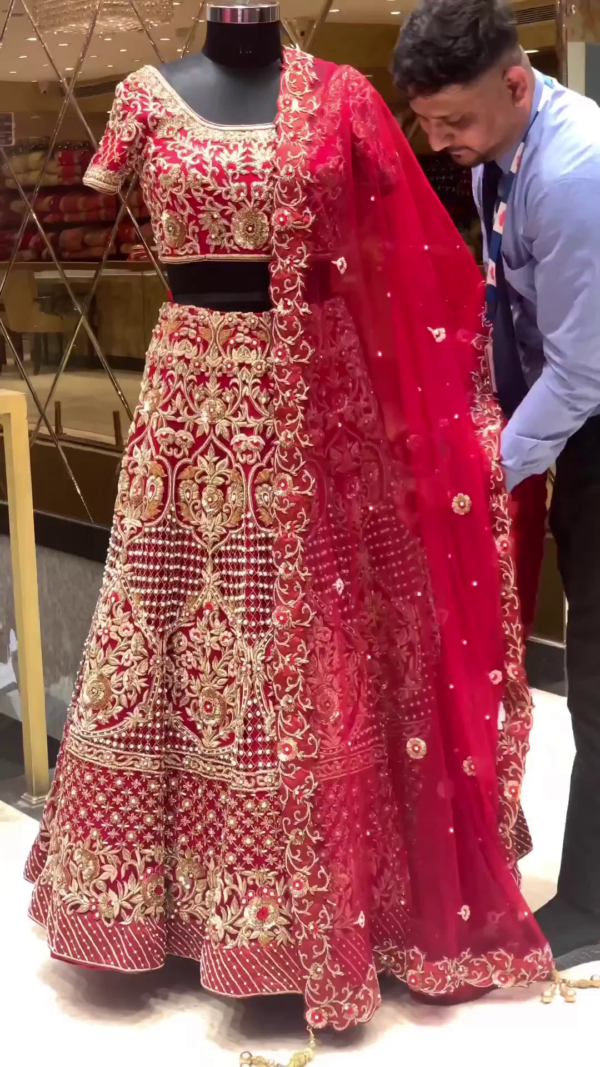 Red bridal lehenga choli with handwork