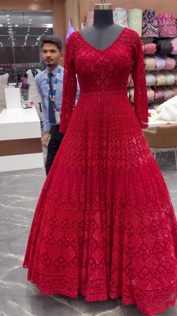 Red designer wedding gown with embroidery