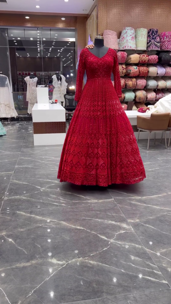 designer red bridal gown with embroidery