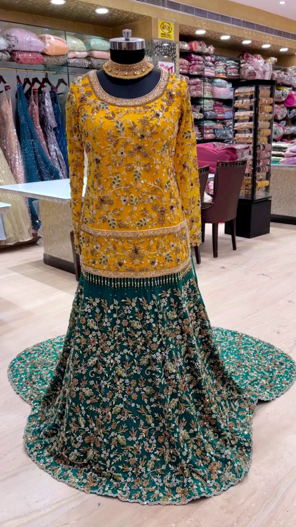 designer wedding long trail lehenga with kurti