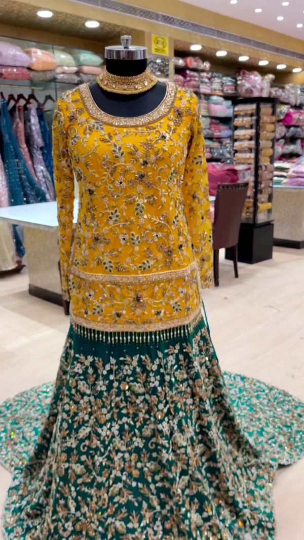 wedding long trail lehenga with embroidery