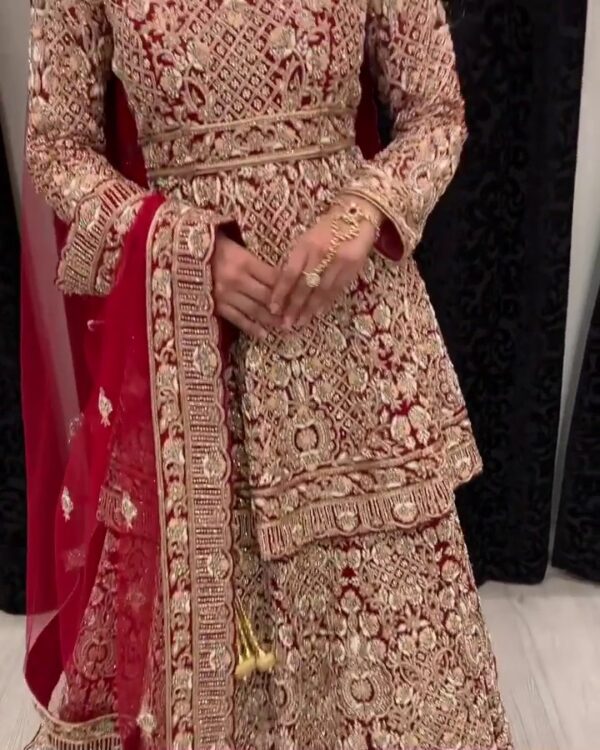 wedding long trail lehenga with golden embroidery
