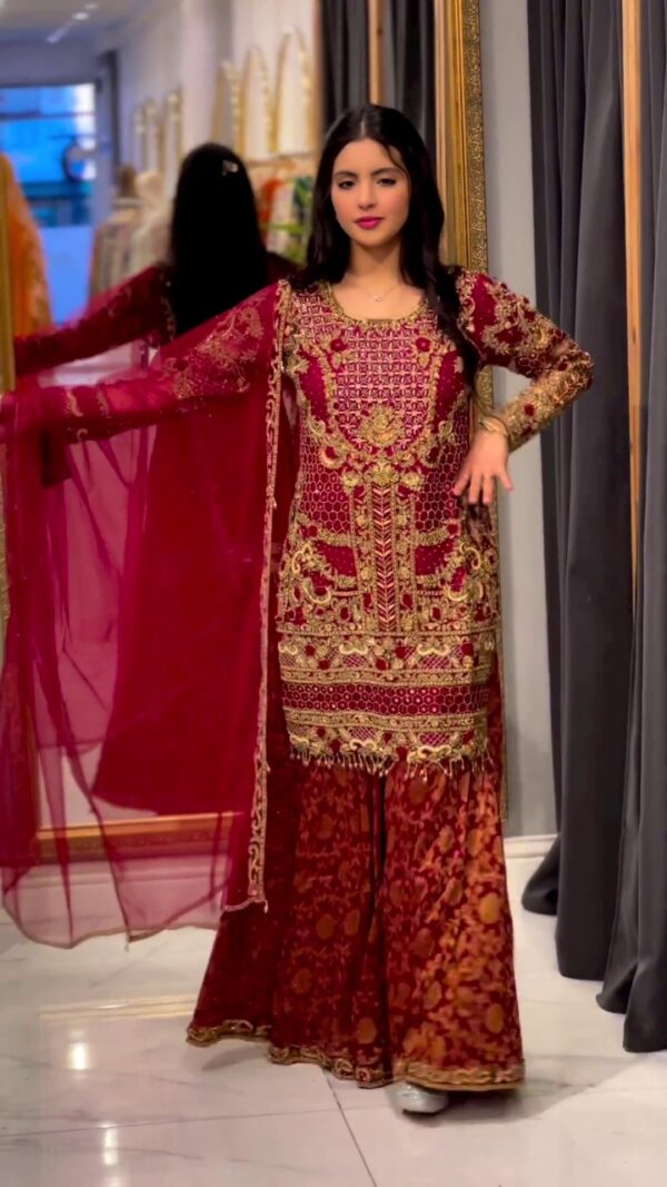 REd designer sharara with embroidery