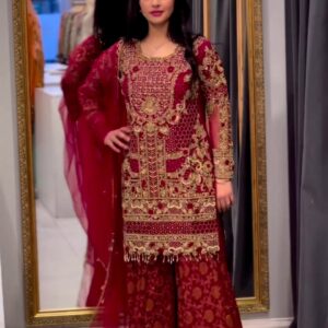 designer red sharara with embroidery