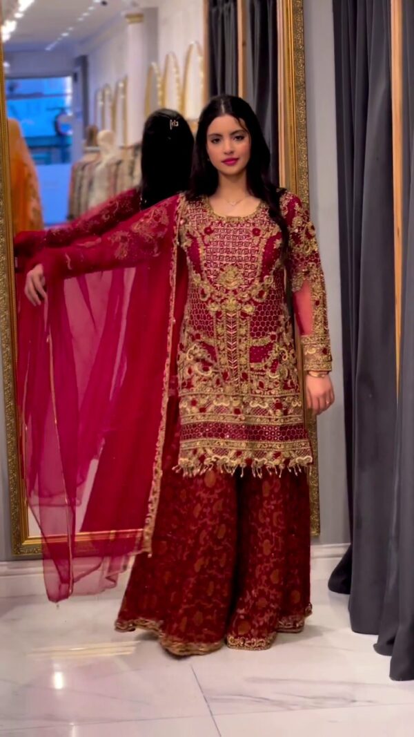 Red designer sharara with embroidery