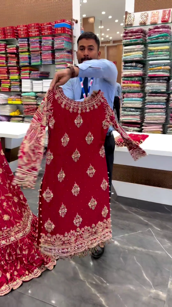 designer red bridal lehenga with kurti