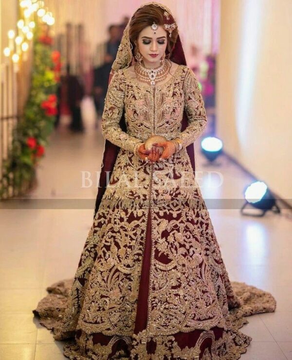 Maroon bridal long split anarkali with lehenga with handwork