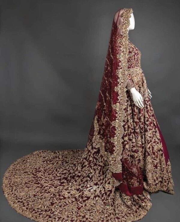 maroon designer wedding long split anarkali with lehenga