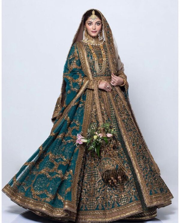 Green anrkali with lehenga and handwork