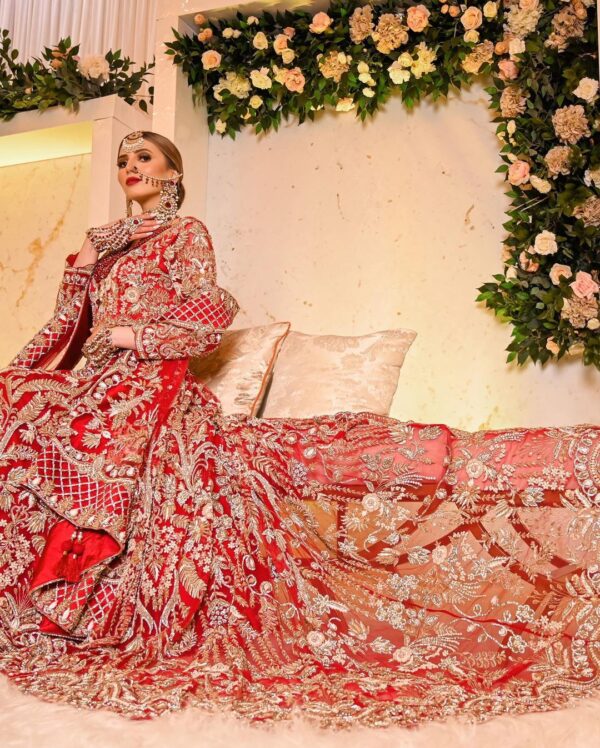 designer wedding long trail anarkali with lehenga and handwork