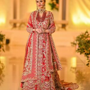 Pakistani bridal long trail split anarkali with lehenga