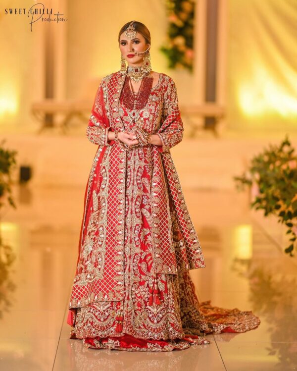 Pakistani bridal long trail split anarkali with lehenga