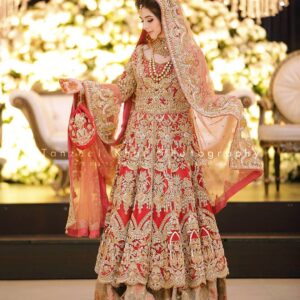 red bridal long anarkali with lehenga and embroidery