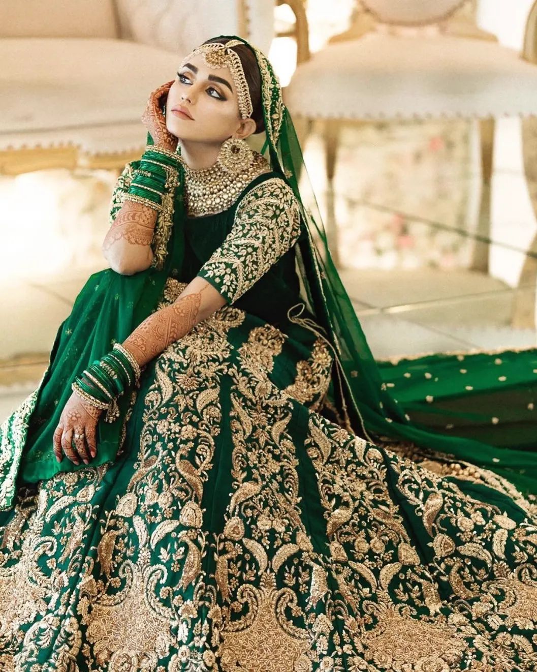 Bottle Green Silk Bridal Lehenga With Heavy Choli- Frilled Daman  Embellished In Zardosi And Pearl-Sequins Butti's - Aara Couture