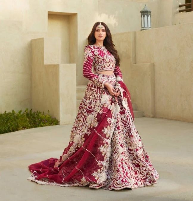 Red Golden Lehenga Choli for Pakistani Bridal Wear – Nameera by Farooq