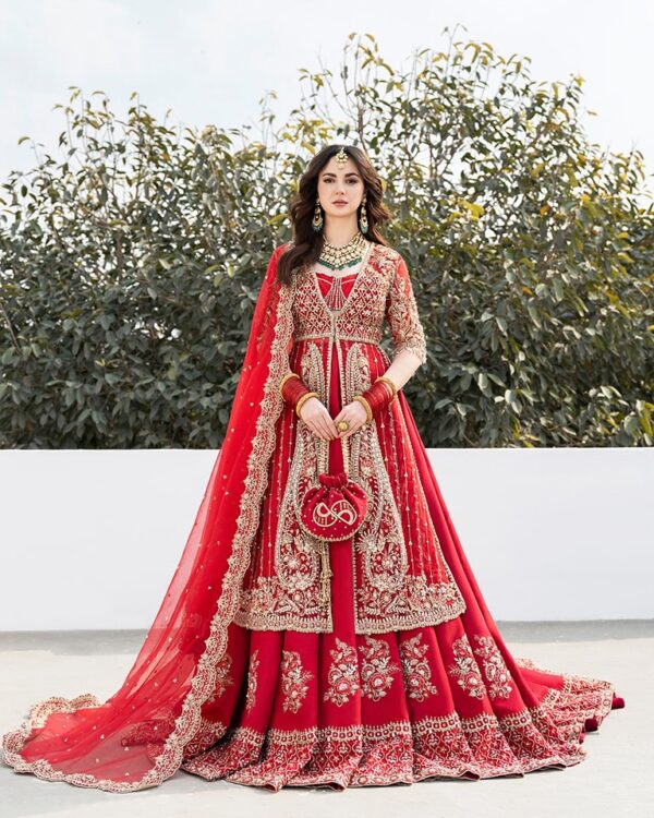 Red bridal lehenga with short split jacket and embroidery