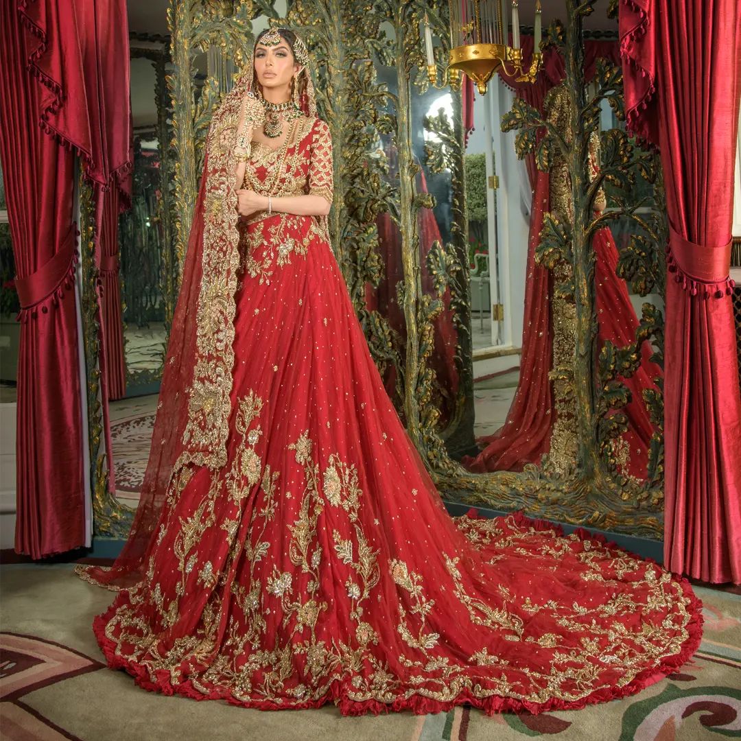 Silk Organza with zardozi embroidery Coral Red Wedding Lehenga – Panache  Haute Couture