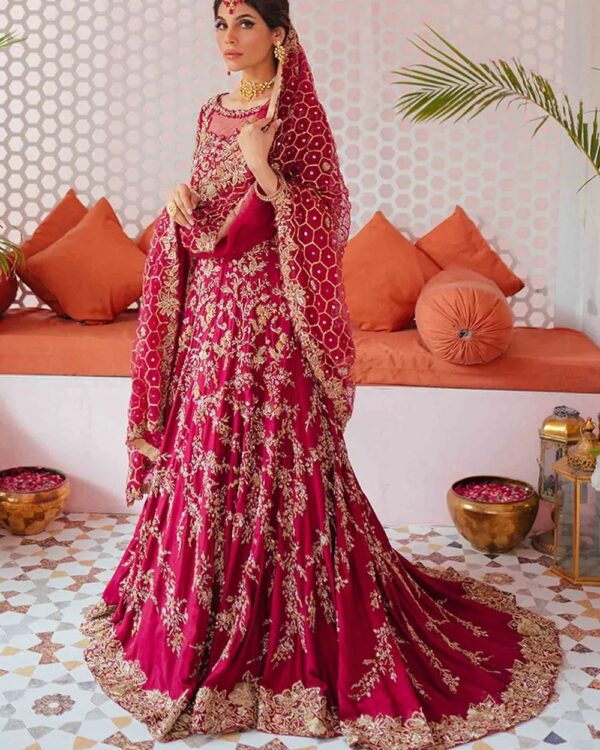 Pink designer wedding long trail gown with embroidery