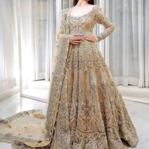 designer anarkali with golden embroidery