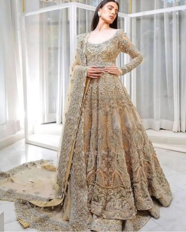 designer anarkali with golden embroidery
