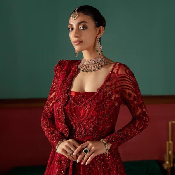designer red long spit anarkali with lehenga