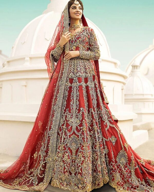 wedding long trail lehenga with handwork