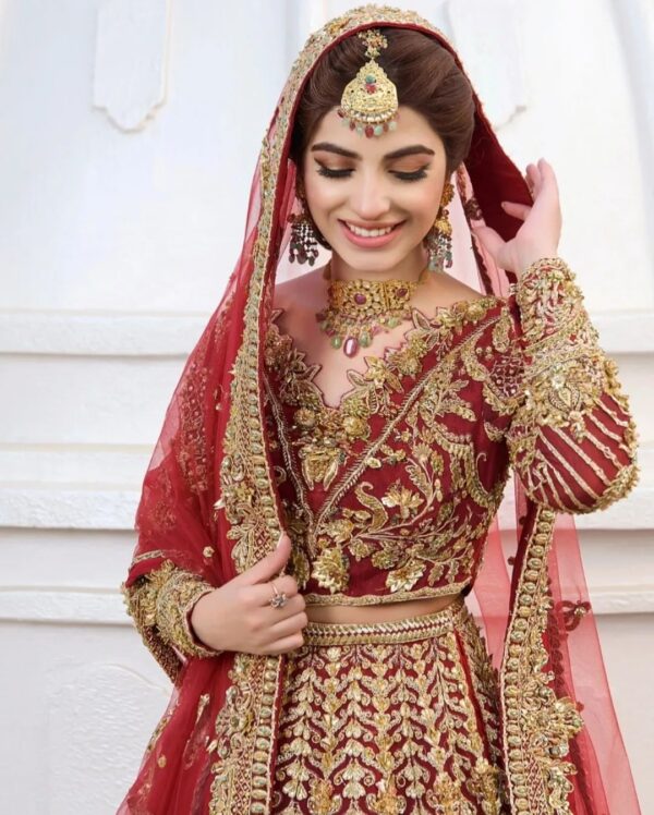 designer red bridal long trail lehenga with handwork